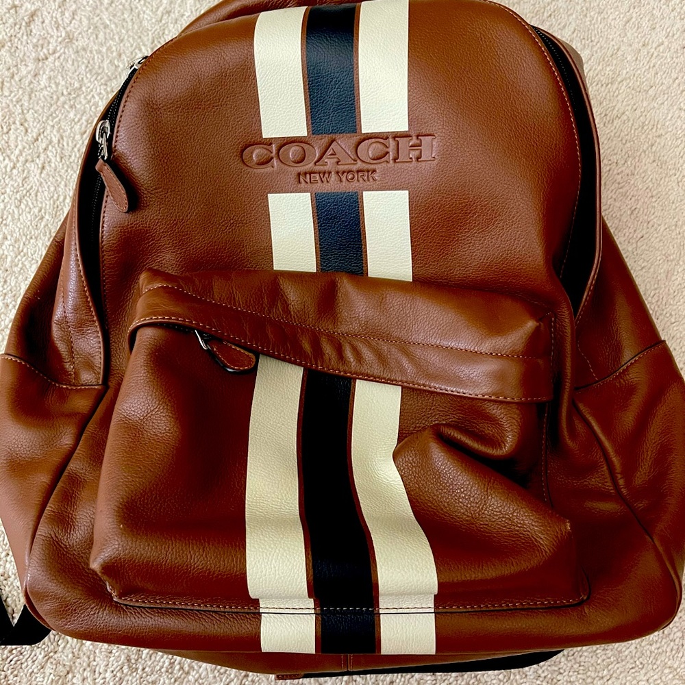 Men’s Soft Leather Coach Backpack w/ Cream Stripe